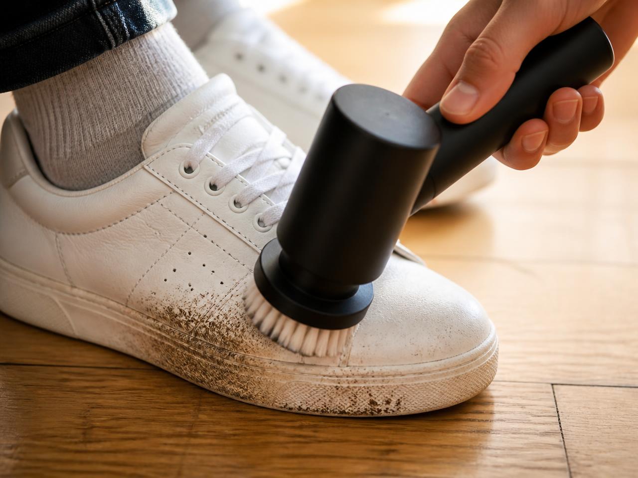 Spazzola elettrica portatile CleanX che rimuove il fango dal bordo di una sneaker bianca