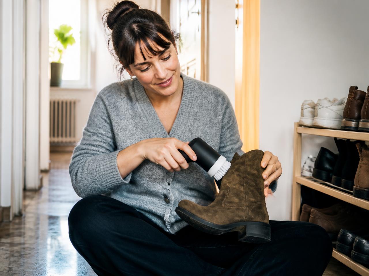 Donna seduta nel corridoio di casa che pulisce uno stivaletto in camoscio con la spazzola elettrica CleanX